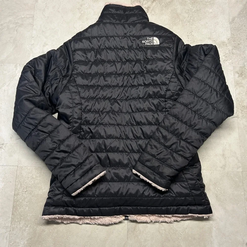 The North Face Quilted Puffer Jacket Black Pink Girls Size M 10/12 Fleece Lined